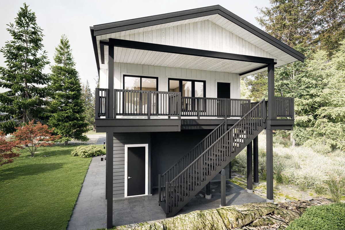 House plan exterior. Two-story Modern house with elevated porch, black trim, and gabled roof. Exterior stair access to the upper level.