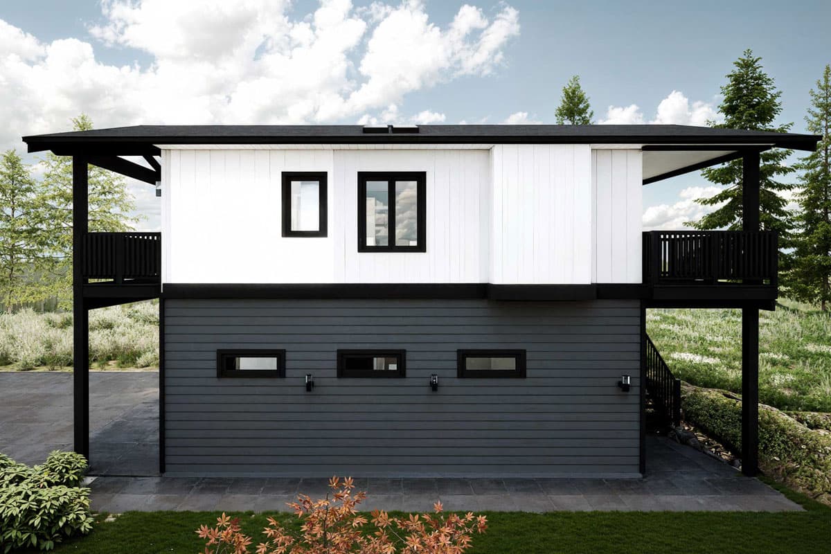 Modern two-story house plan exterior with elevated decks, white vertical siding on upper level, dark siding below, and black accents.