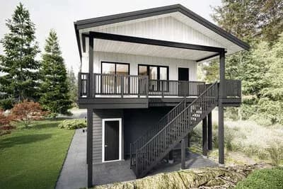 2-Bed Mountain House Plan with Wrap-Around Deck - 849 Sq Ft
