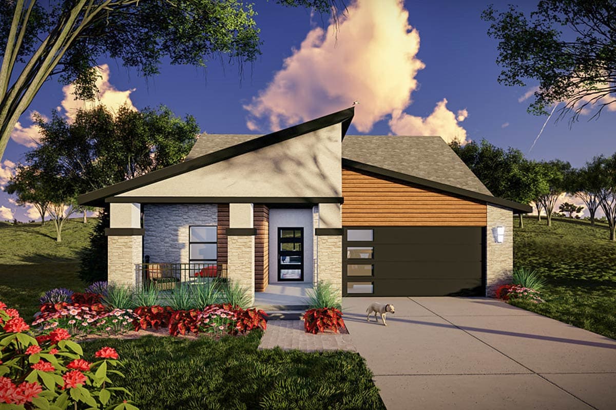 House plan exterior with a single story, flat roof, and stone and wood siding. Features include a covered entry, garage, and gabled roof section.
