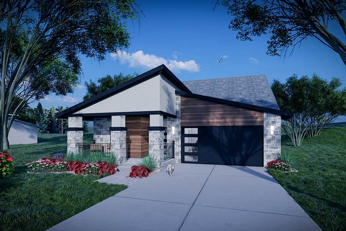 Modern house plan exterior with stone facade, wood accents, a gabled roof, and a two-car garage.