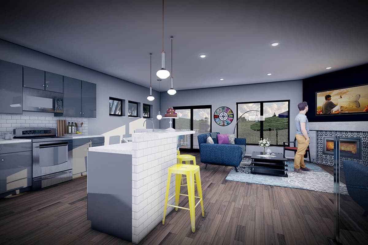Interior rendering of an open-concept living area with a kitchen island, fireplace, and large windows overlooking a green landscape.