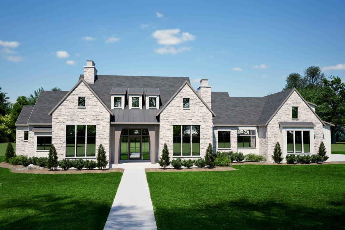 House plan exterior with stone veneer, gabled roof, and dormers. Features include a covered entry and multiple chimneys.