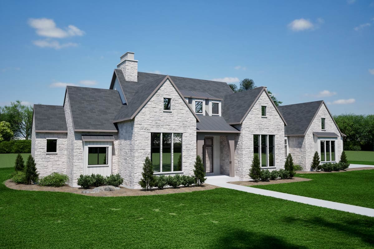 House plan exterior, two stories, white stone facade, multiple gables, dormers, and a prominent chimney.