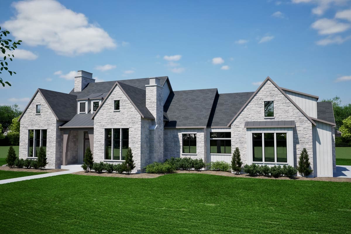 House plan exterior: Modern Farmhouse style, stone facade, multiple gables, prominent chimneys, and large windows.