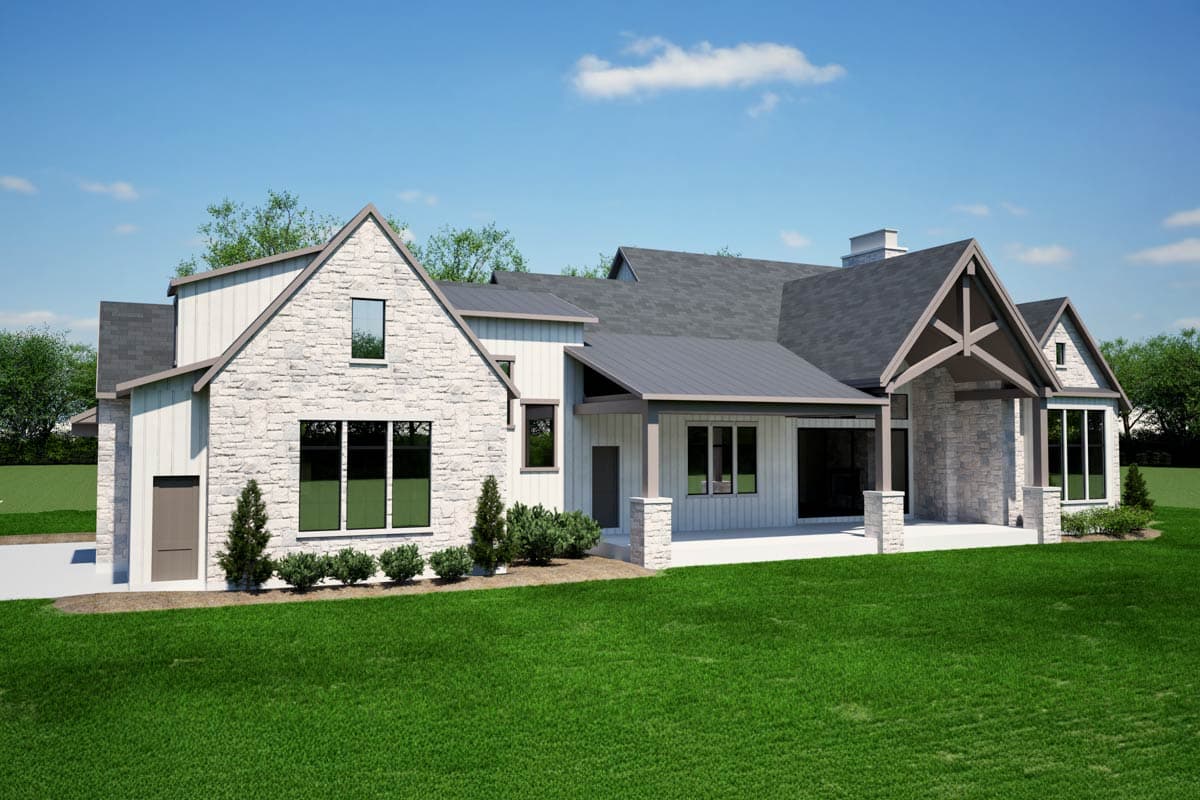 House plan exterior with stone and vertical siding, multiple gables, covered porch, and attached garage.