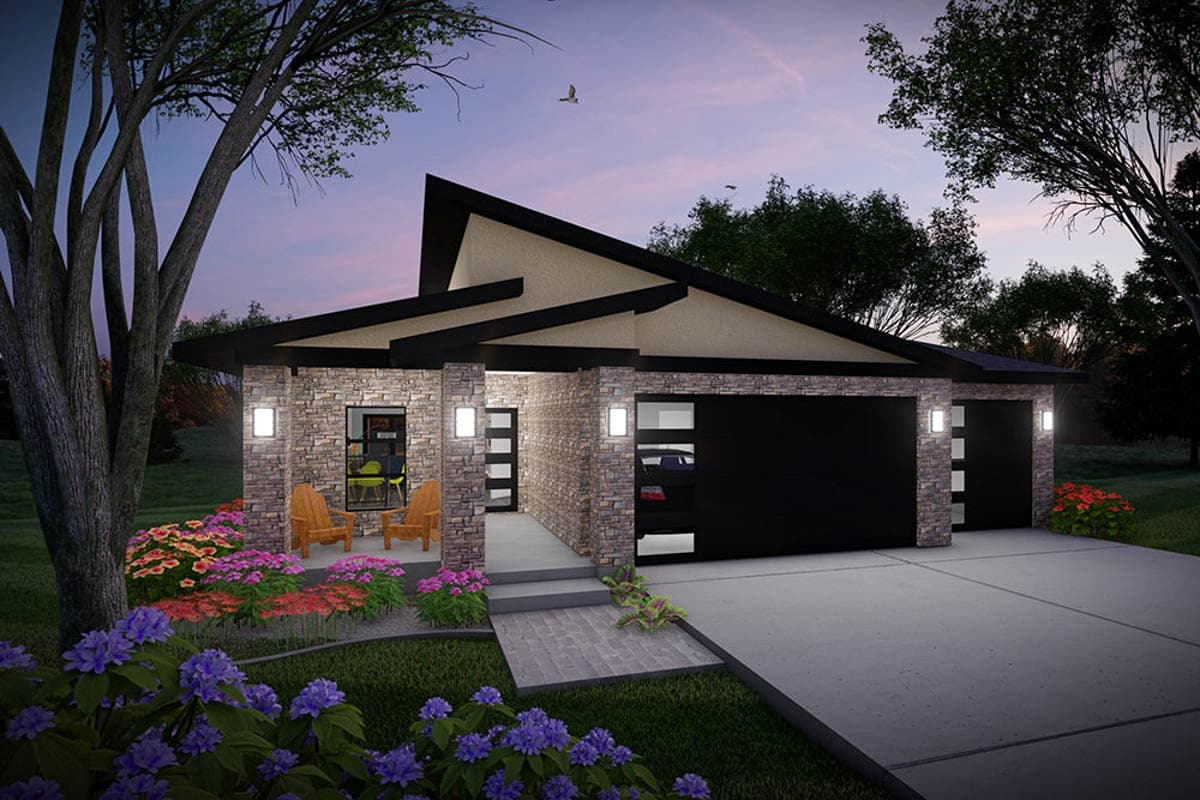 Modern house plan exterior with stone facade, angled roofline, double garage, and covered entryway with seating.