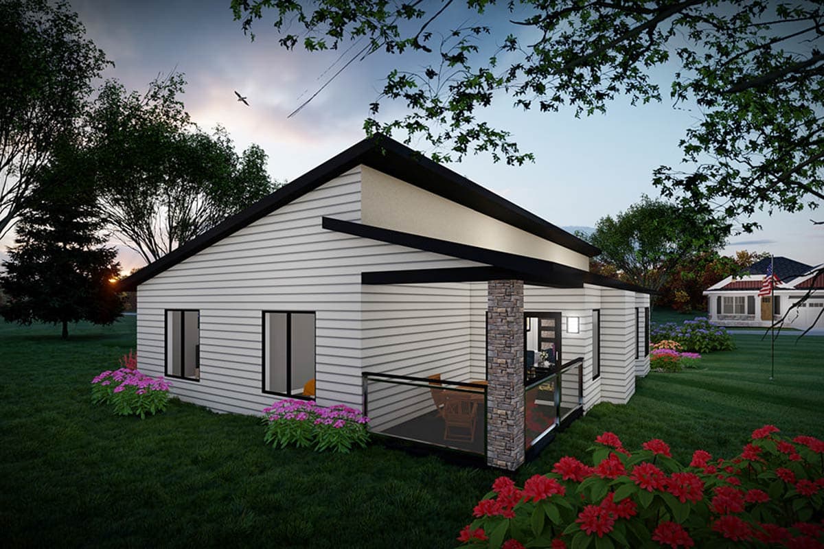 House plan exterior, single story, white siding, covered porch with stone pillar, glass railing, and modern roofline.