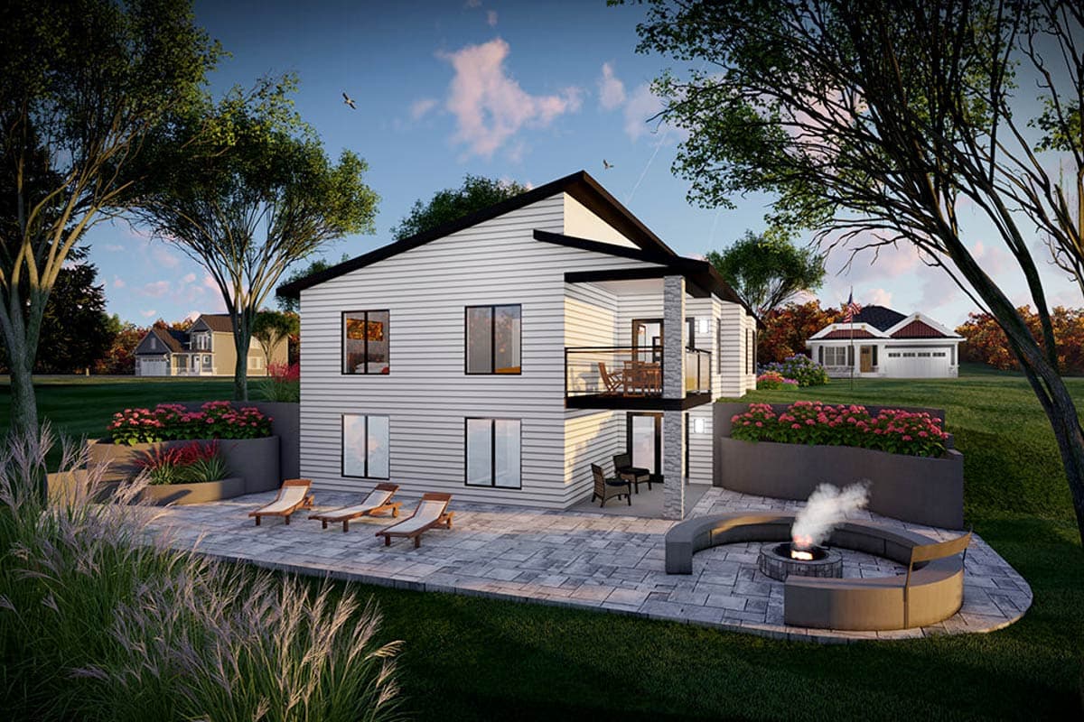 Two-story Modern Farmhouse exterior rendering with horizontal siding, upper balcony, lower patio with fire pit, and sloped roof.