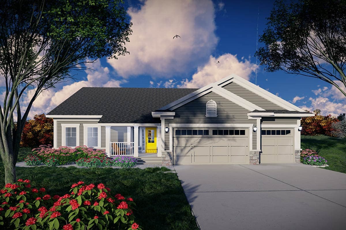 House plan exterior. Ranch style with a gabled roof, covered porch, and a two-car garage. Features include vertical siding and stone accents.