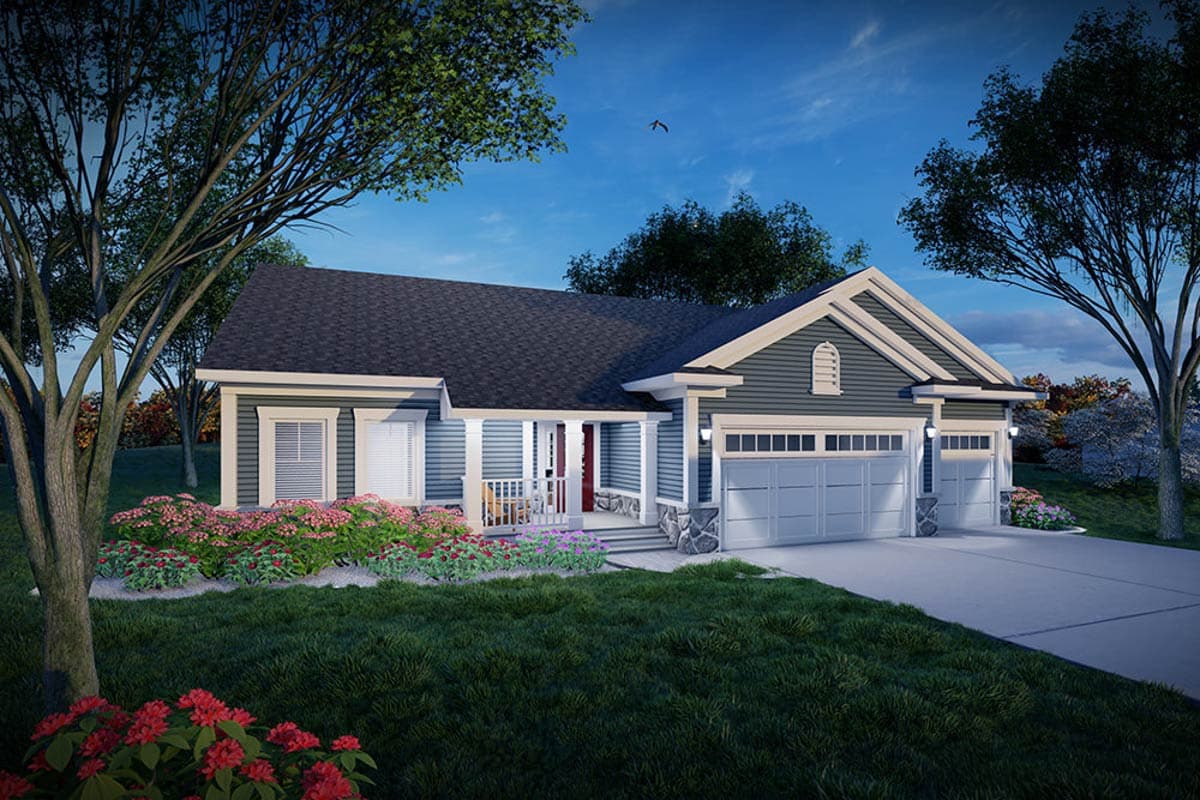 House plan exterior: single-story Modern Farmhouse with covered front porch, gable dormer, and three-car front-facing garage.