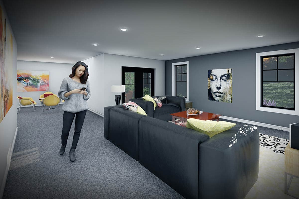 Interior rendering of a living room with dark sectional sofa, red coffee table, two windows, and double doors.