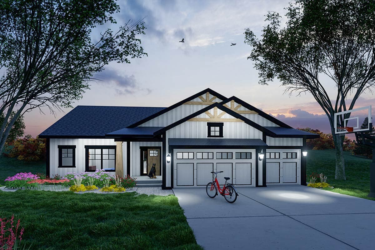 Modern Farmhouse house plan exterior with a steep gable roof, white board-and-batten siding, and a four-car garage.