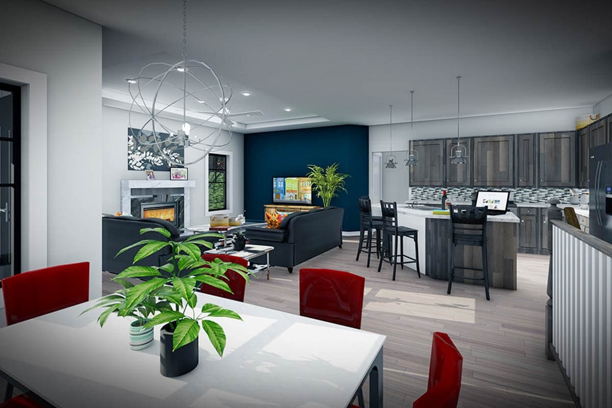 Open-concept living area with fireplace, entertainment center, kitchen island with bar stools, and dining space.