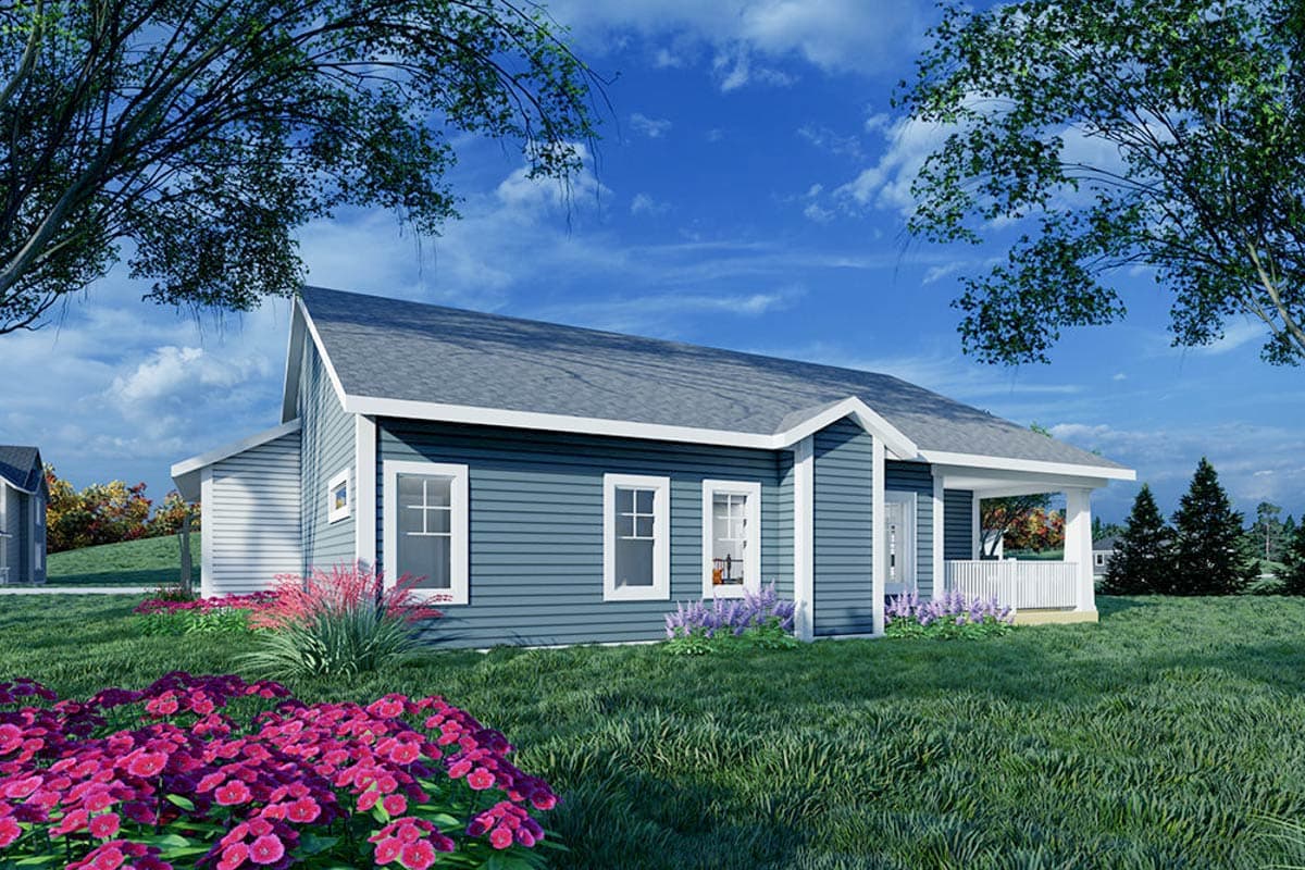 House plan exterior: one-story Modern Farmhouse with blue siding, gable roof, and covered front porch.
