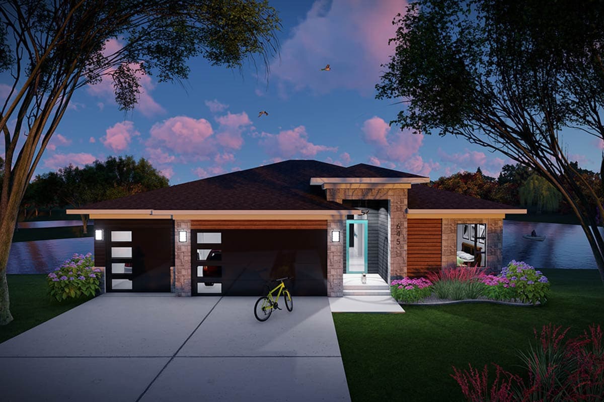 Modern ranch house plan exterior with stone and wood facade, two-car garage, and expansive windows.