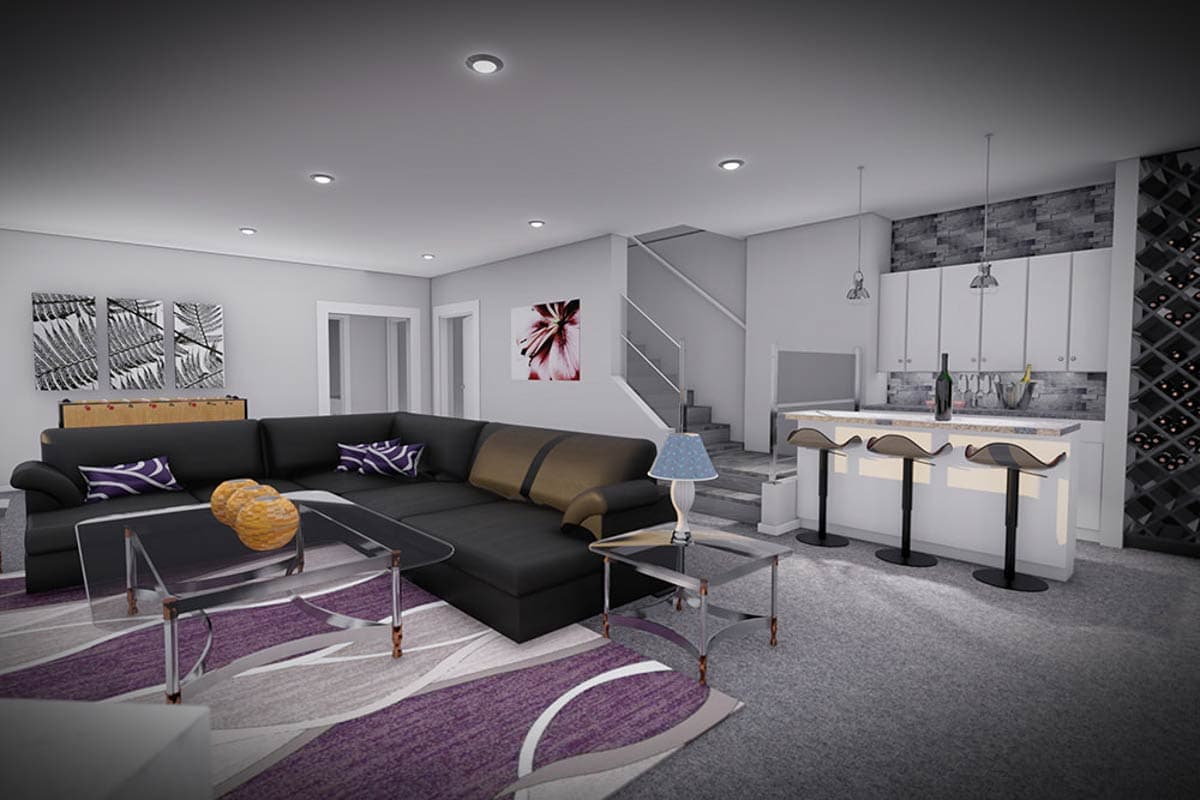 Interior rendering of a finished basement with a sectional sofa, bar seating, and stairs leading up.
