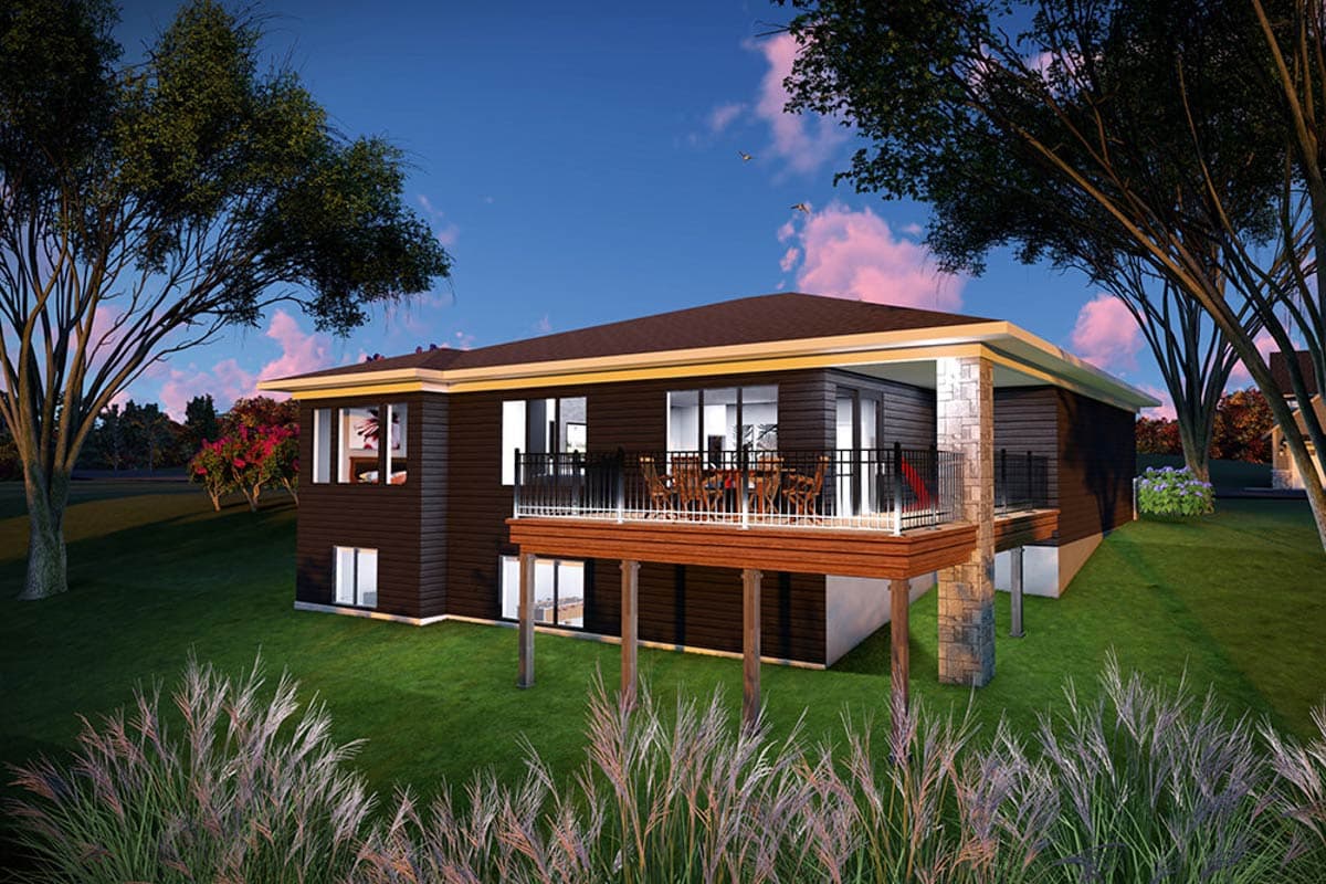 House plan exterior: Modern style, two stories, dark siding, large deck with stone-clad supports, multiple windows.