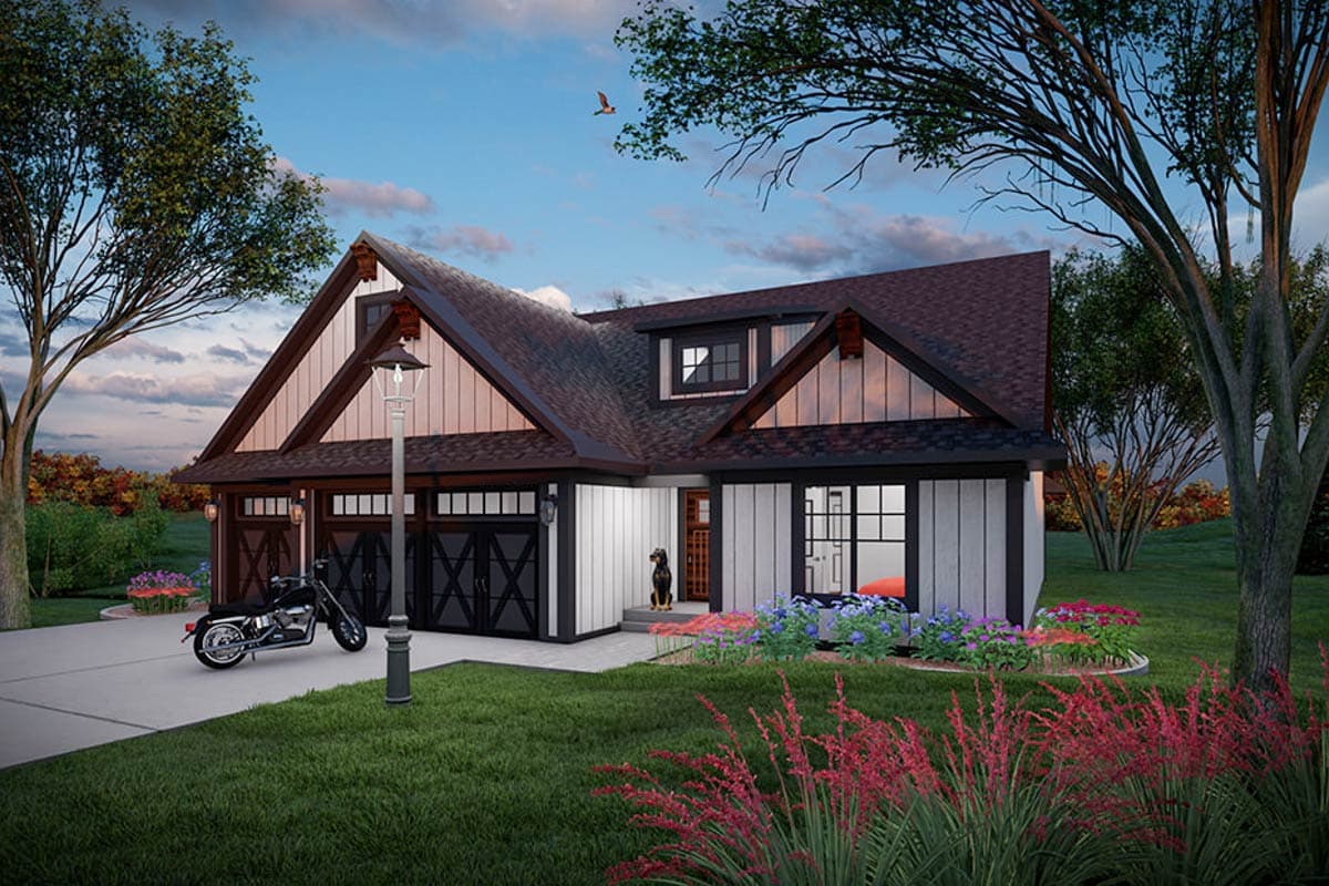House plan exterior: Modern Farmhouse style, two-car garage, prominent gable with decorative trim, and a dormer.
