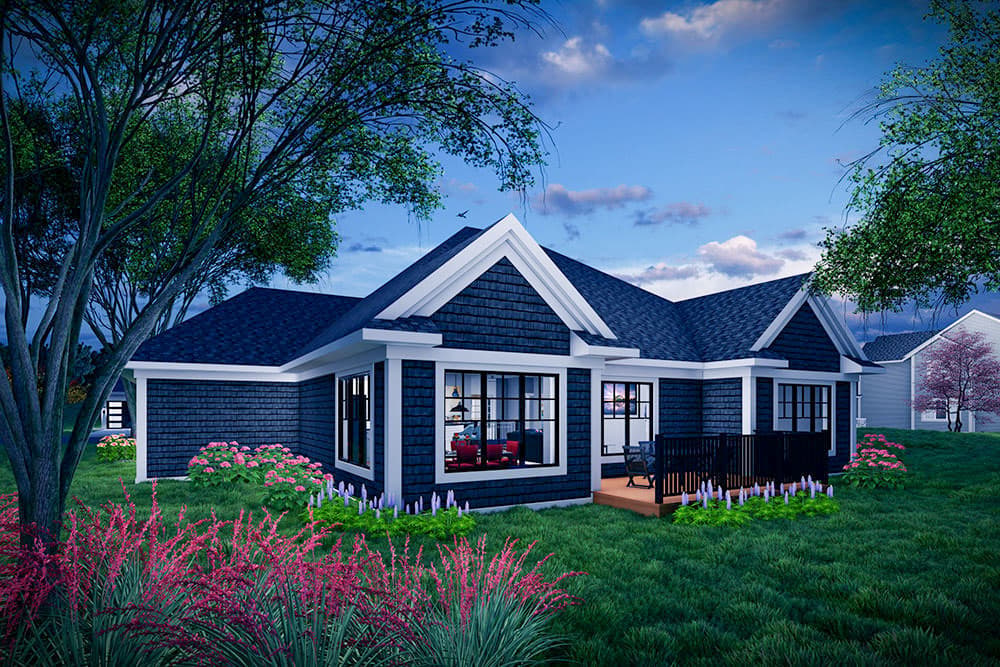 Modern Farmhouse house plan exterior, one story, with gables, large windows, and a rear deck.