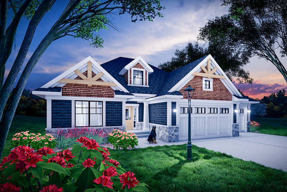 Craftsman style house plan exterior with prominent gables, exposed rafter tails, stone accents, and a three-car garage.