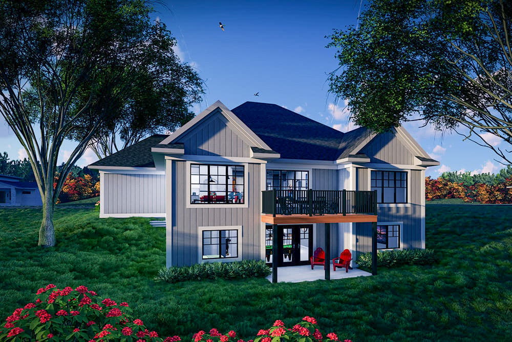House plan exterior, modern style, two stories, with gabled dormers, deck, and covered patio.