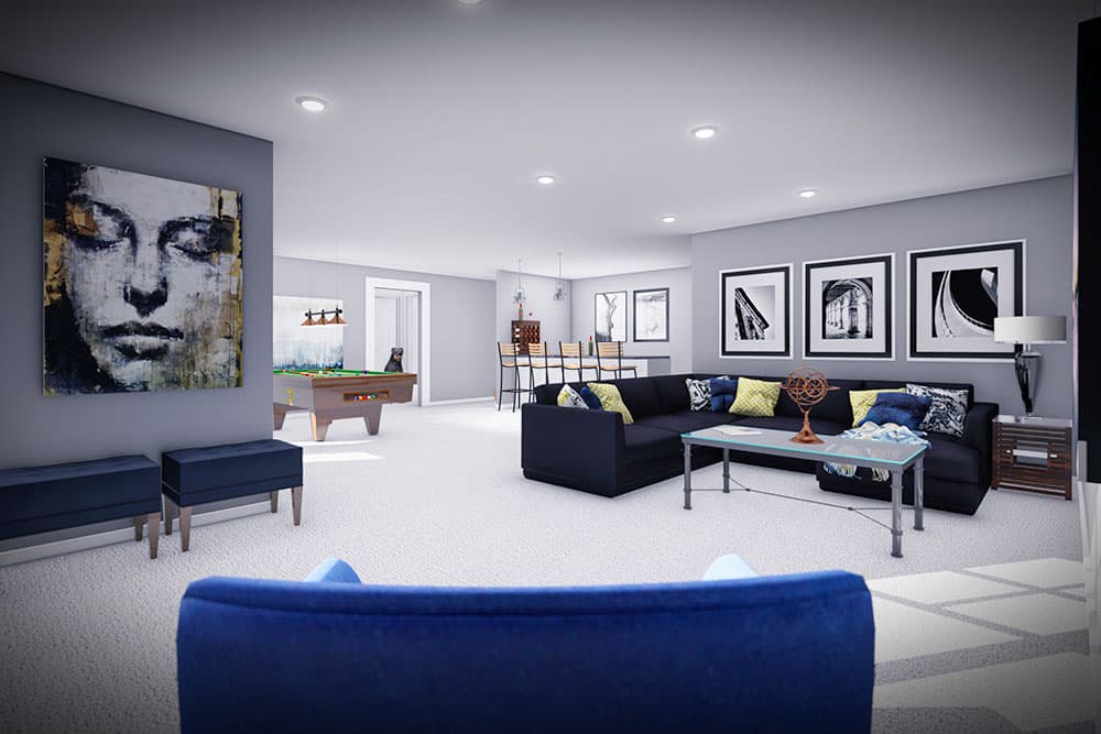 Rendering of a basement recreation room with pool table, sectional sofa, bar area, and artwork.