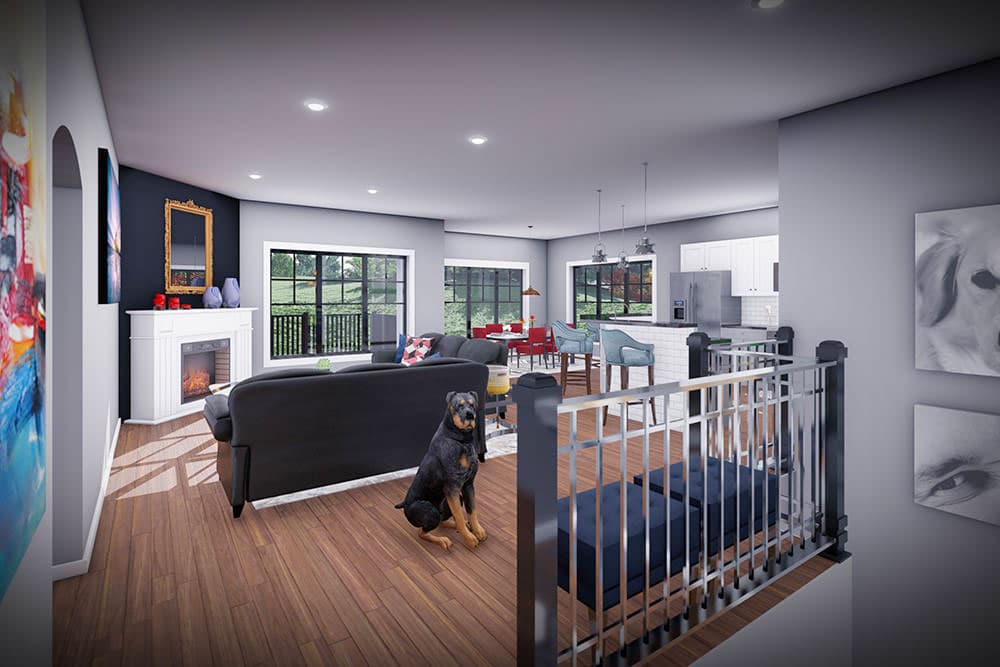 Interior rendering showing open-concept living, dining, and kitchen areas with fireplace, island, and bar seating.
