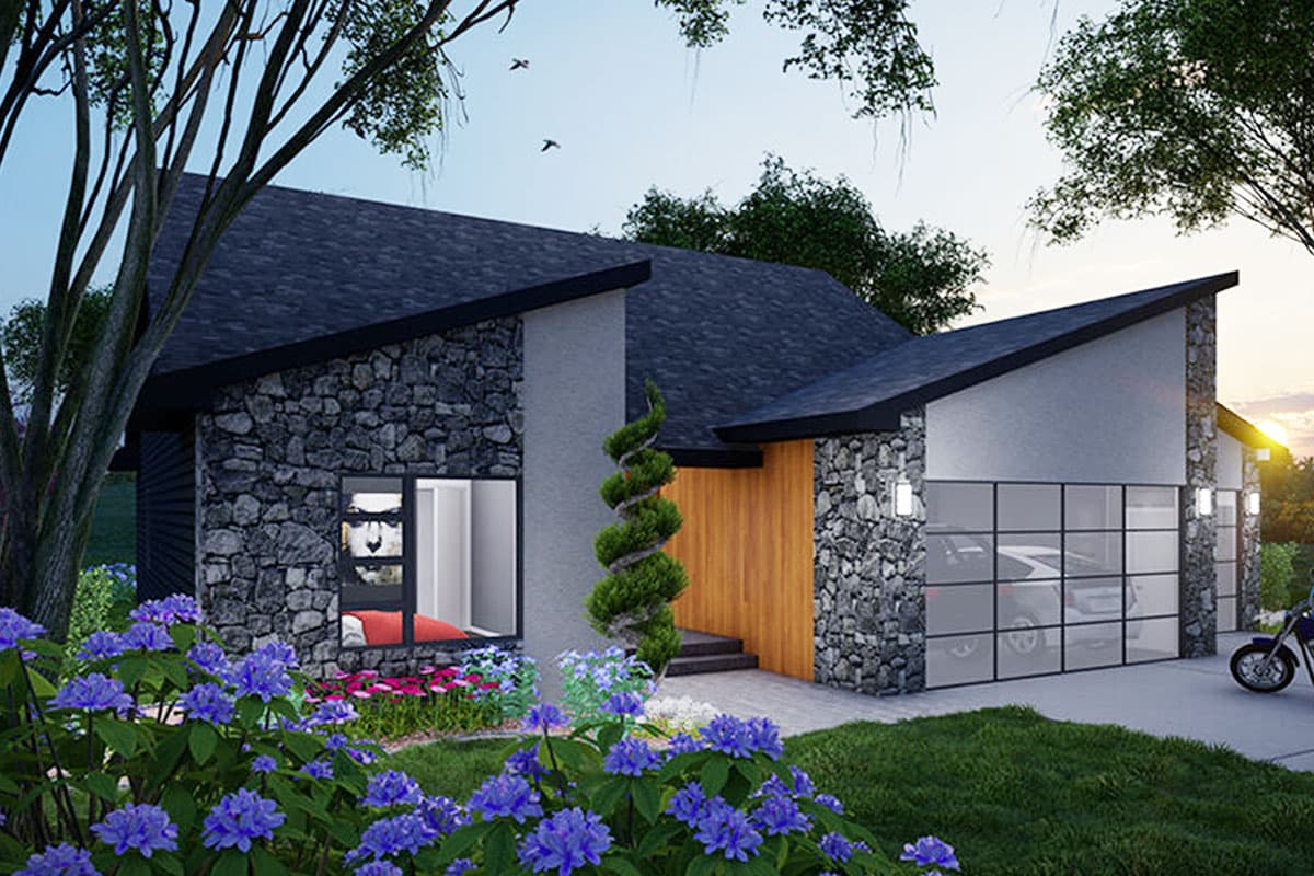 House plan exterior. Modern style with stone and stucco facade, asymmetrical roofline, and garage with large windows.