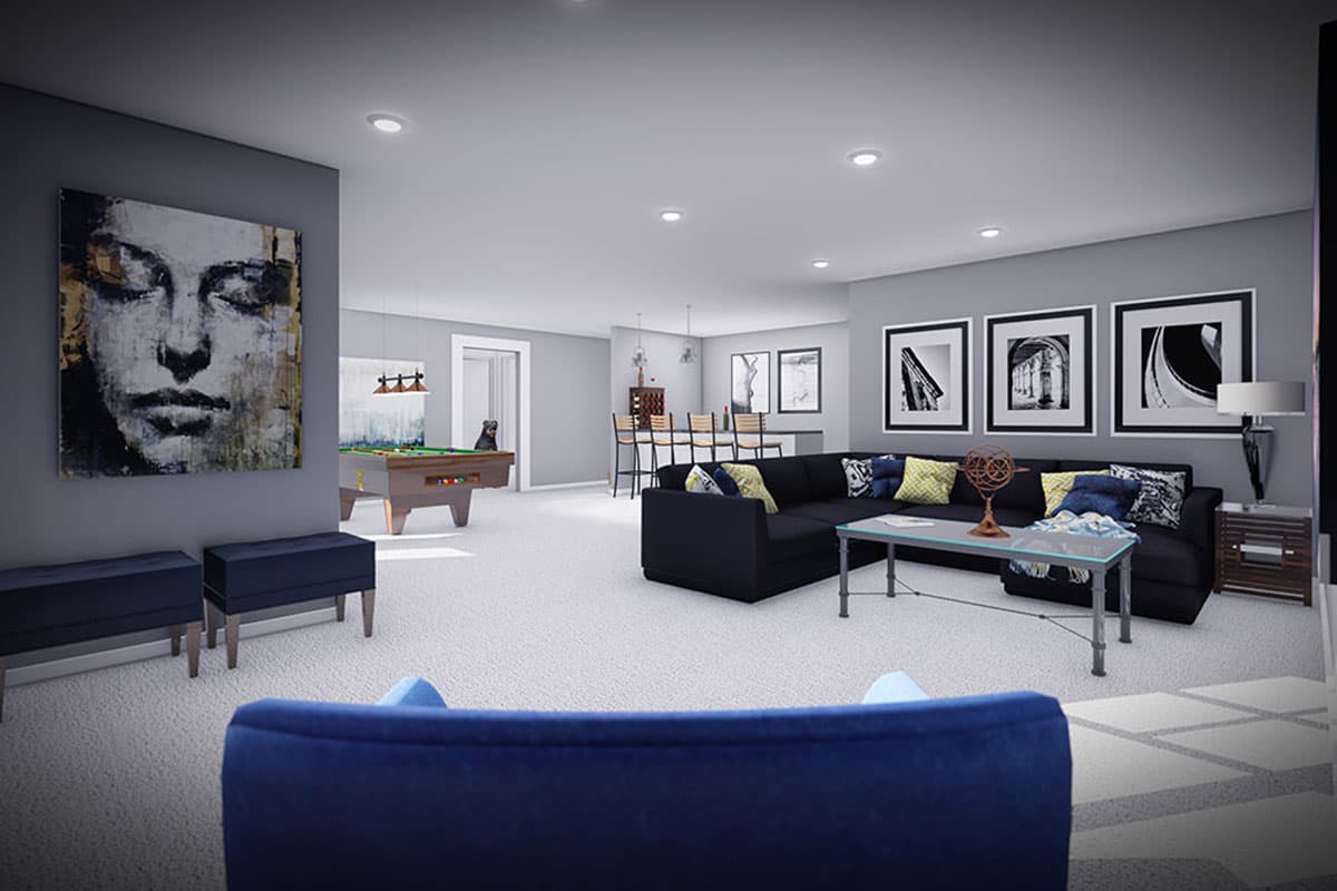 Interior rendering of a contemporary living space with a sectional sofa, pool table, and bar.