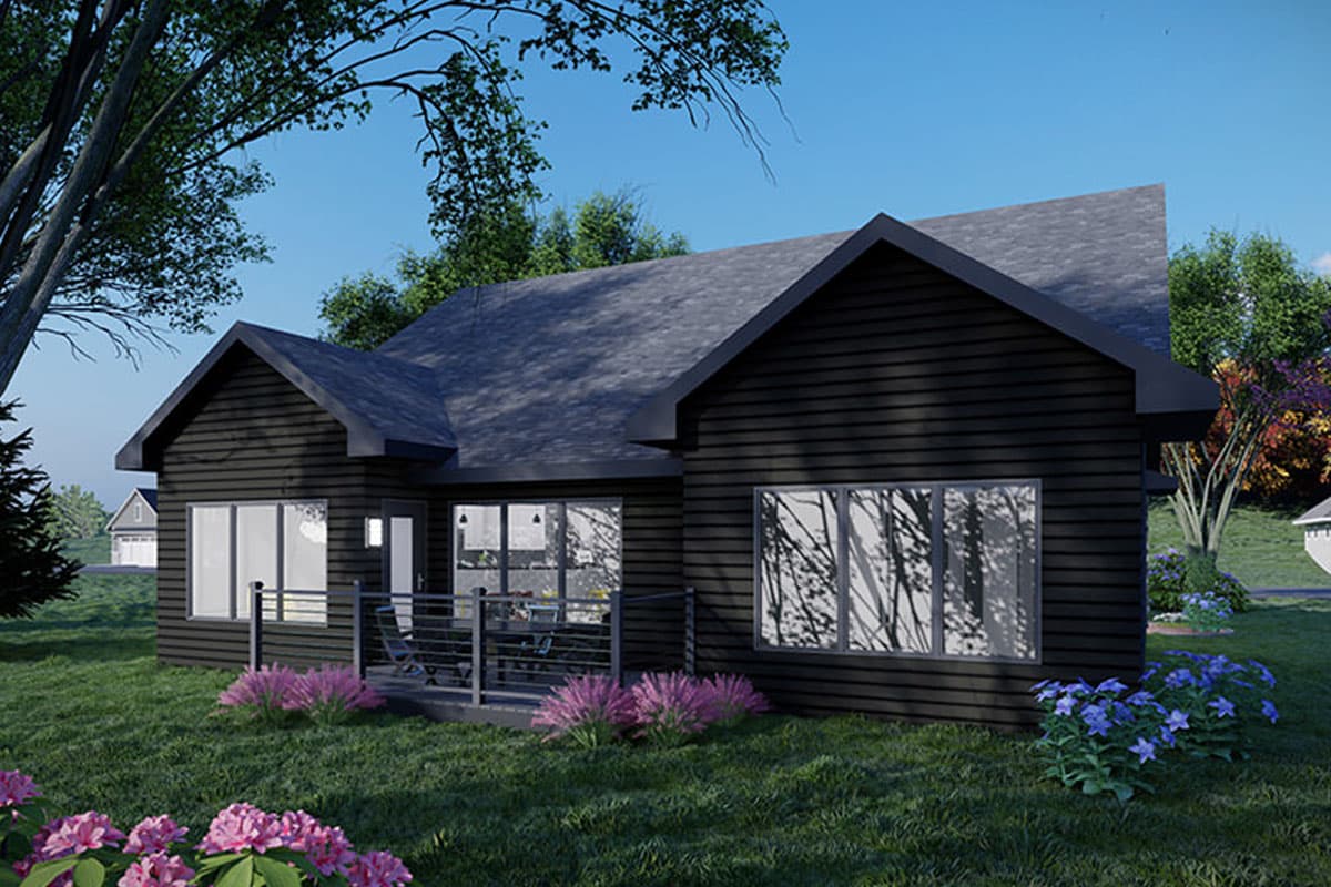 Modern house plan exterior with dark horizontal siding, gables, and a deck with railing.