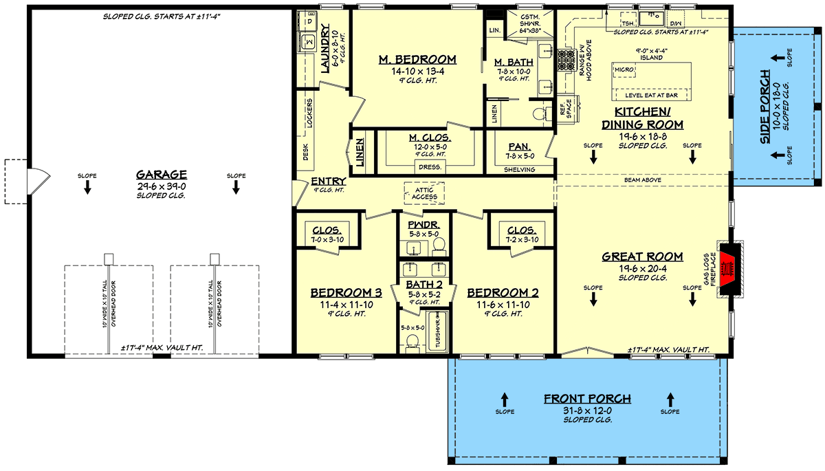 Plan 51990HZ: 3-Bed Barndominium House Plan with Two-Story Great Room - 2000 Sq Ft - Floor Plan - Main Level - Barndominium, Farmhouse, Modern, Transitional