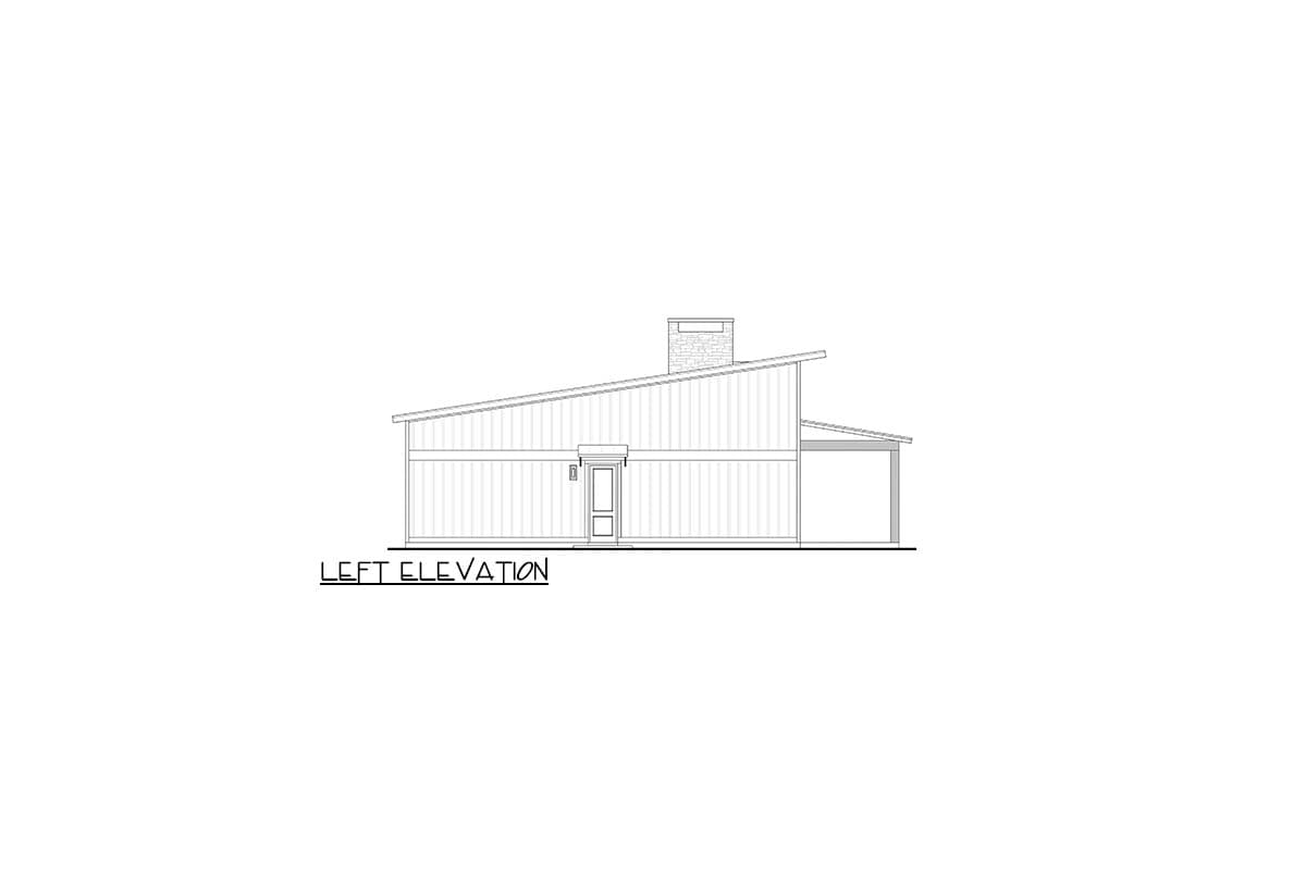 Left elevation drawing of a house plan showing a sloped roofline, chimney, entry door, and covered carport.