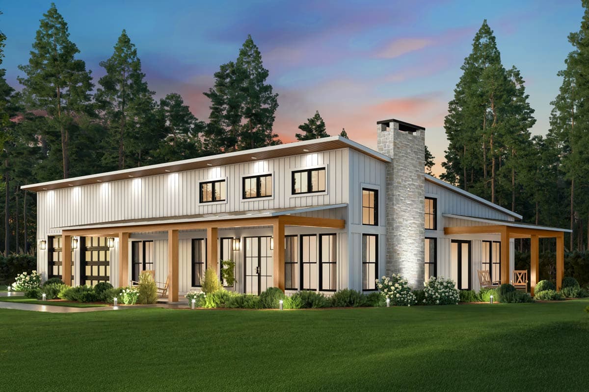 Modern Farmhouse house plan exterior with white board-and-batten siding, wide covered porch, and stone chimney.