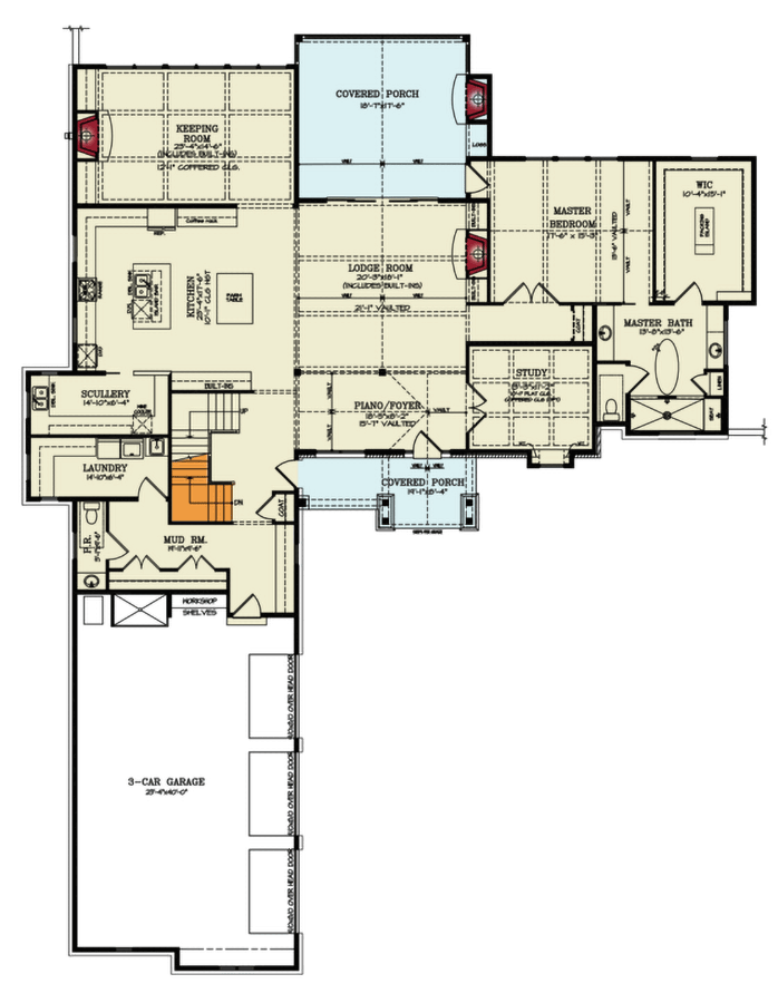Plan 25841GE: 3-Bed Mountain House Plan with Keeping Room - 4339 Sq Ft - Floor Plan - Main Level - Craftsman, Mountain, New American, Rustic