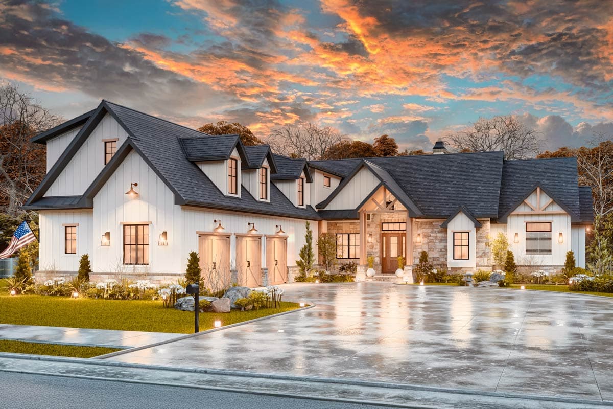 Modern farmhouse house plan exterior with a multi-story gabled roof, white board-and-batten siding, stone accents, and a four-car garage.