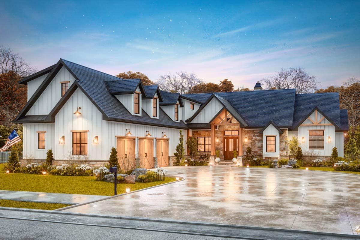 Modern Farmhouse style house plan exterior with white board and batten siding, stone accents, dormers, and four garage doors.
