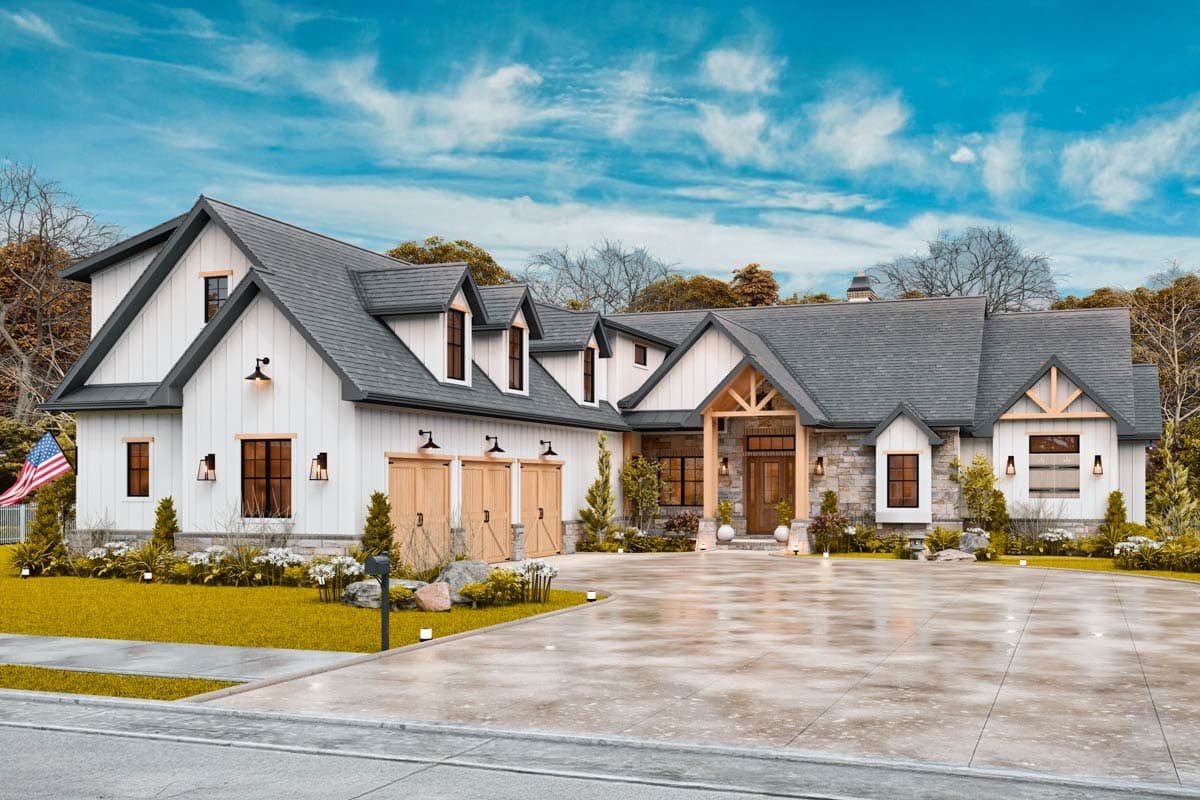 Modern Farmhouse house plan exterior with a prominent gable, stone accents, a covered entry, and a three-car garage.