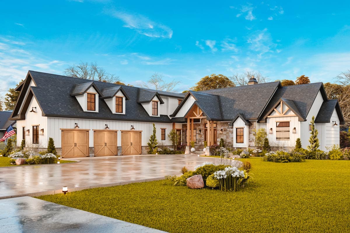 Modern Farmhouse style house plan exterior with a six-car garage, dormers, stone accents, and exposed rafter tails.