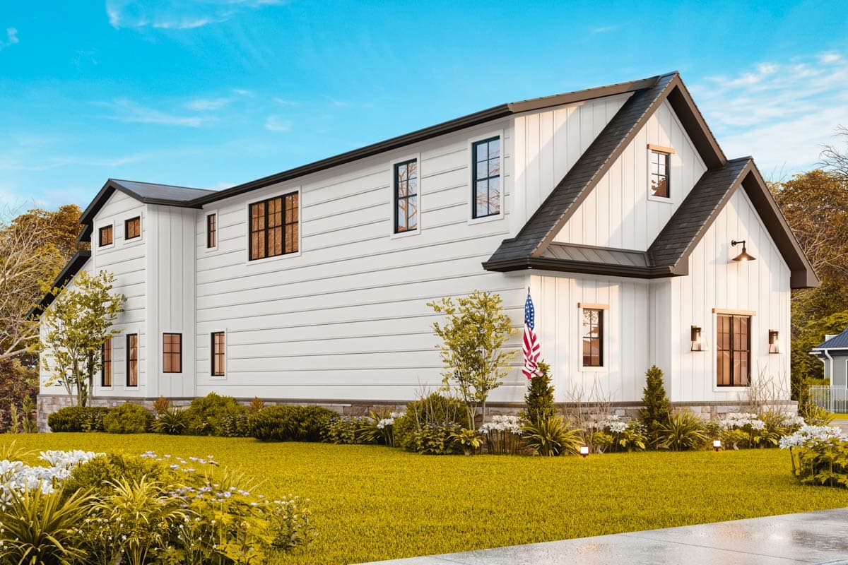 Modern Farmhouse style house plan exterior with white board-and-batten siding, gabled rooflines, and multiple windows.