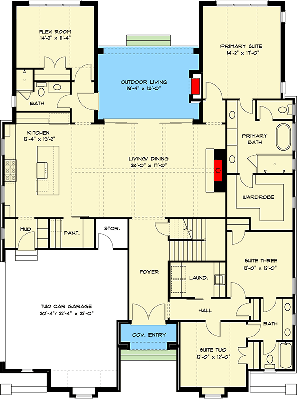 Plan 93221EL: 3-Bed Modern Tudor House Plan with Bonus Room Above - 2535 Sq Ft - Floor Plan - Main Level - French Country, Modern, New American, Transitional, Tudor