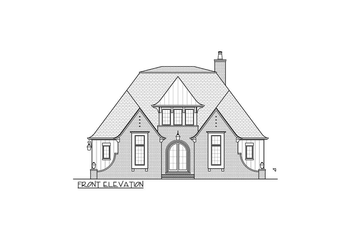 Front elevation house plan drawing featuring arched double doors, multiple gables, a prominent dormer, and decorative brickwork.