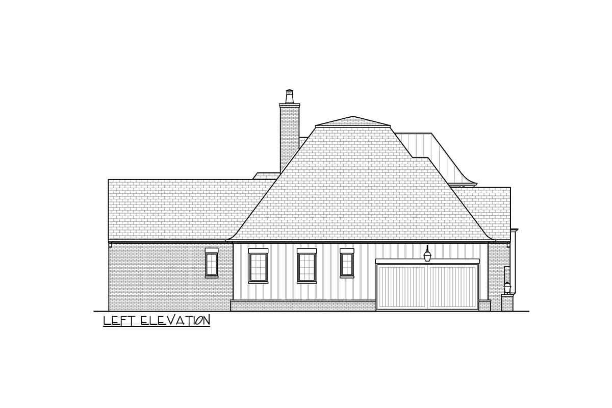 Left elevation of a house plan showing a brick lower level, gabled rooflines, dormer, and garage.
