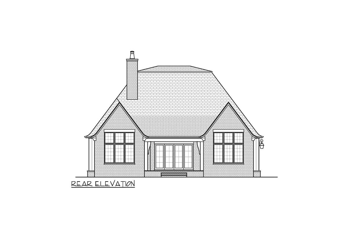 Rear elevation drawing of a house plan featuring a prominent mansard roof, central French doors, and flanking multi-pane windows.