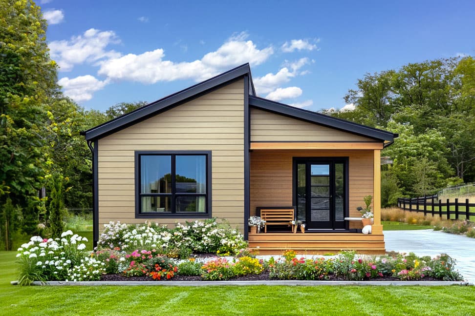 House plan exterior. One-story house with shed roof and covered entry. Features include horizontal siding, large window, and double door.