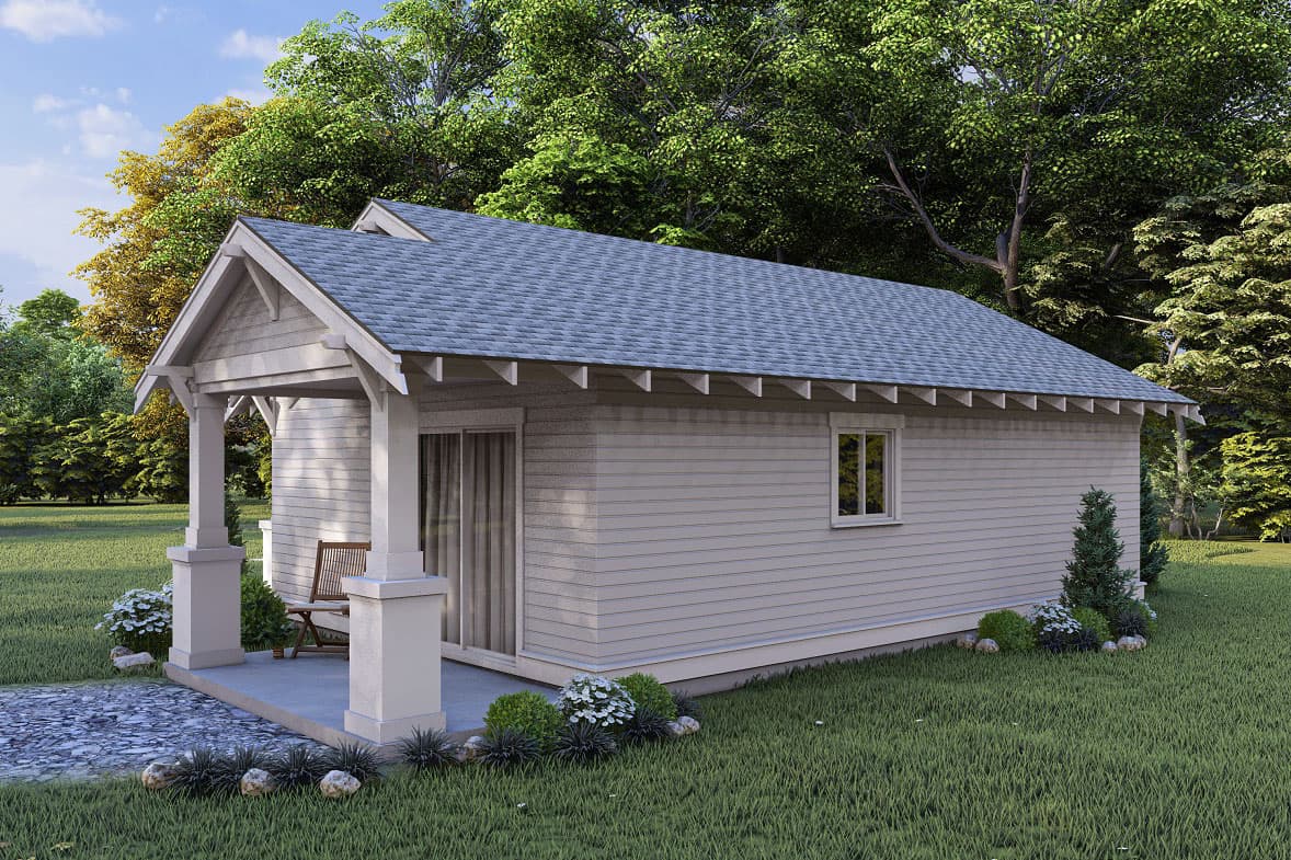 House plan exterior of a single-story home with a covered front porch, gable roof, and horizontal siding.