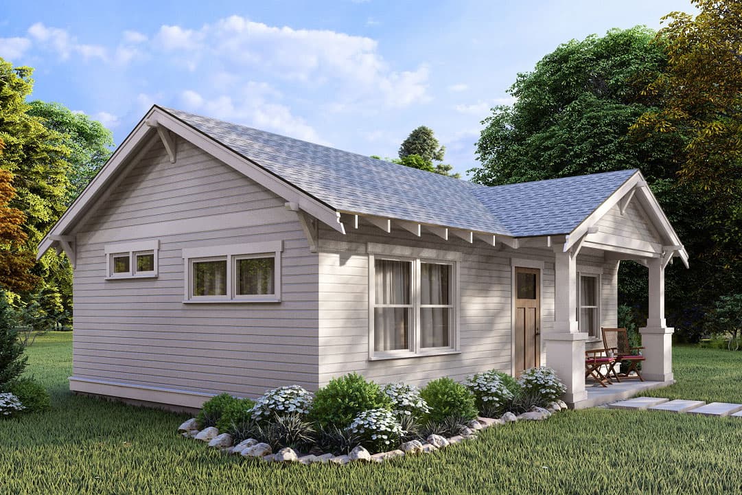 House plan exterior, one story, gabled roof, porch with columns, lap siding.