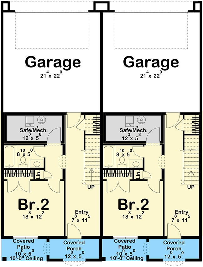 Plan 623474DJ: 3-Story Traditional Duplex House Plan with Matching 4-Bed Units - 2731 Sq Ft Per Unit - Floor Plan - Main Level - Traditional, Transitional