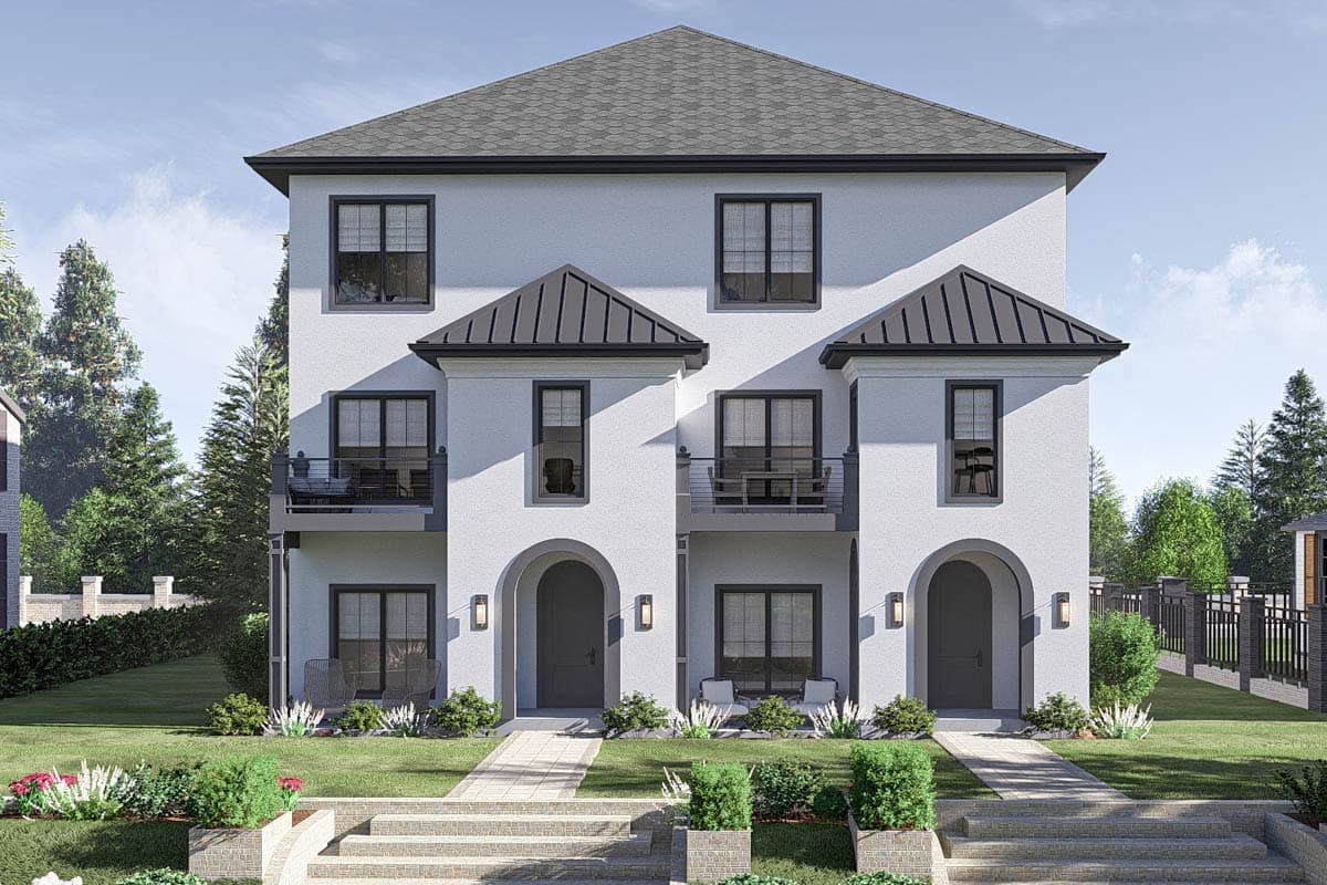 House plan exterior. Two-story, stucco facade with dark trim. Features include metal roof accents, balconies with railings, and arched entryway.