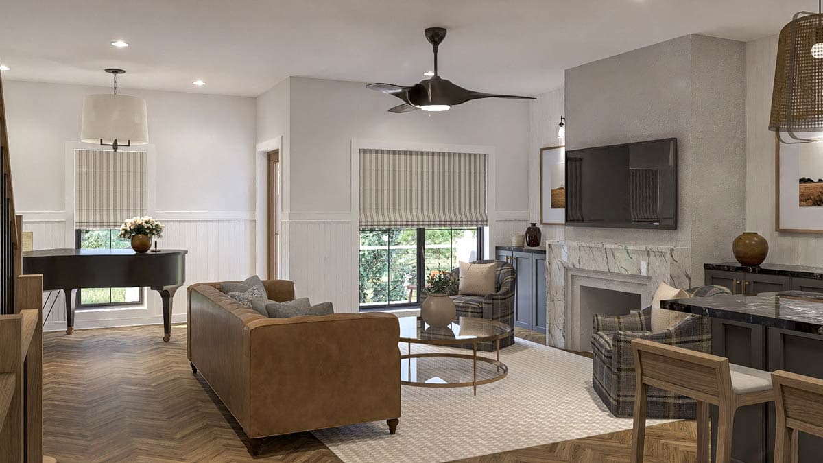 Interior rendering: Living room with grand piano, fireplace, television, sofa, chairs, and coffee table.